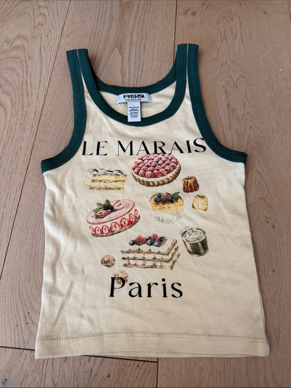 RSQ Kids "Le Marais Paris" Cream Tank Top with Green Trim xxs
